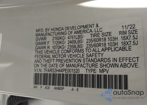 2023 Honda Cr-V Ex 2Wd z USA, uszkodzony, nr VIN 7FARS3H44PE001520